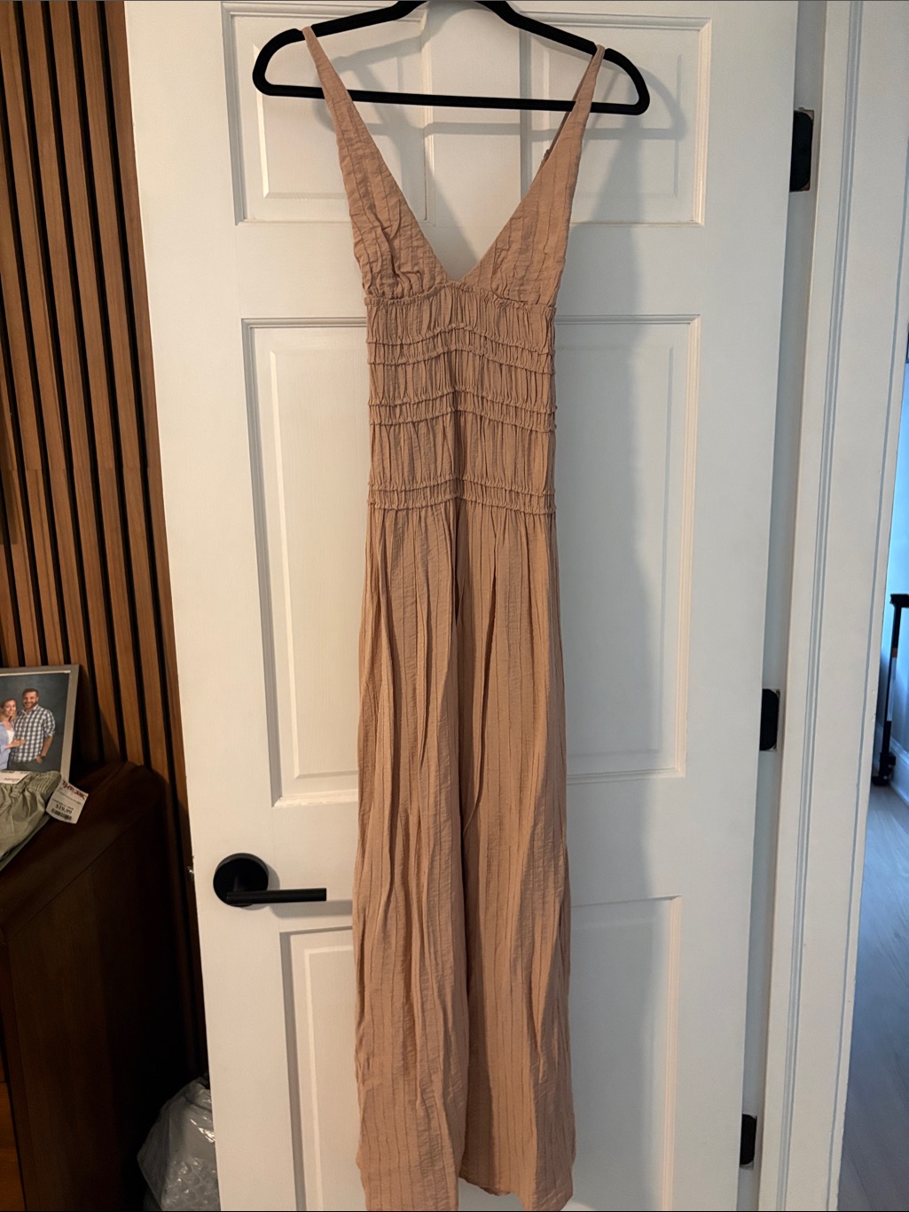 Zara Taupe Smocked V-Neck Maxi Dress